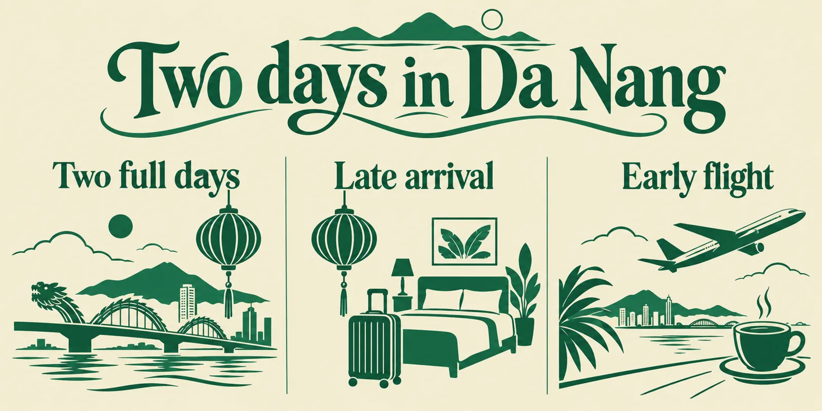 Two days in Da Nang planning diagram contrasting full days, late arrival and an early flight.