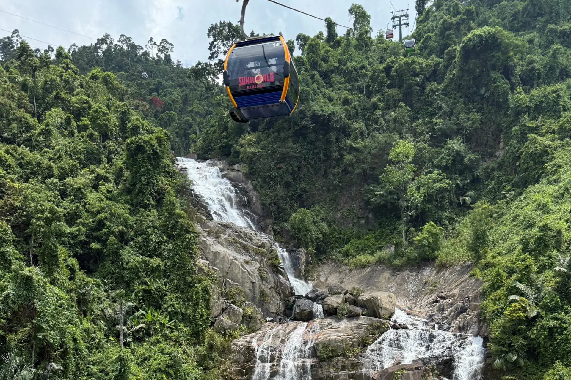 Cable cars approaching the mountain complex at Ba Na Hills
